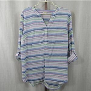 Talbots Large Linen Pastel Stripe Camp Shirt with Adjustable Sleeves